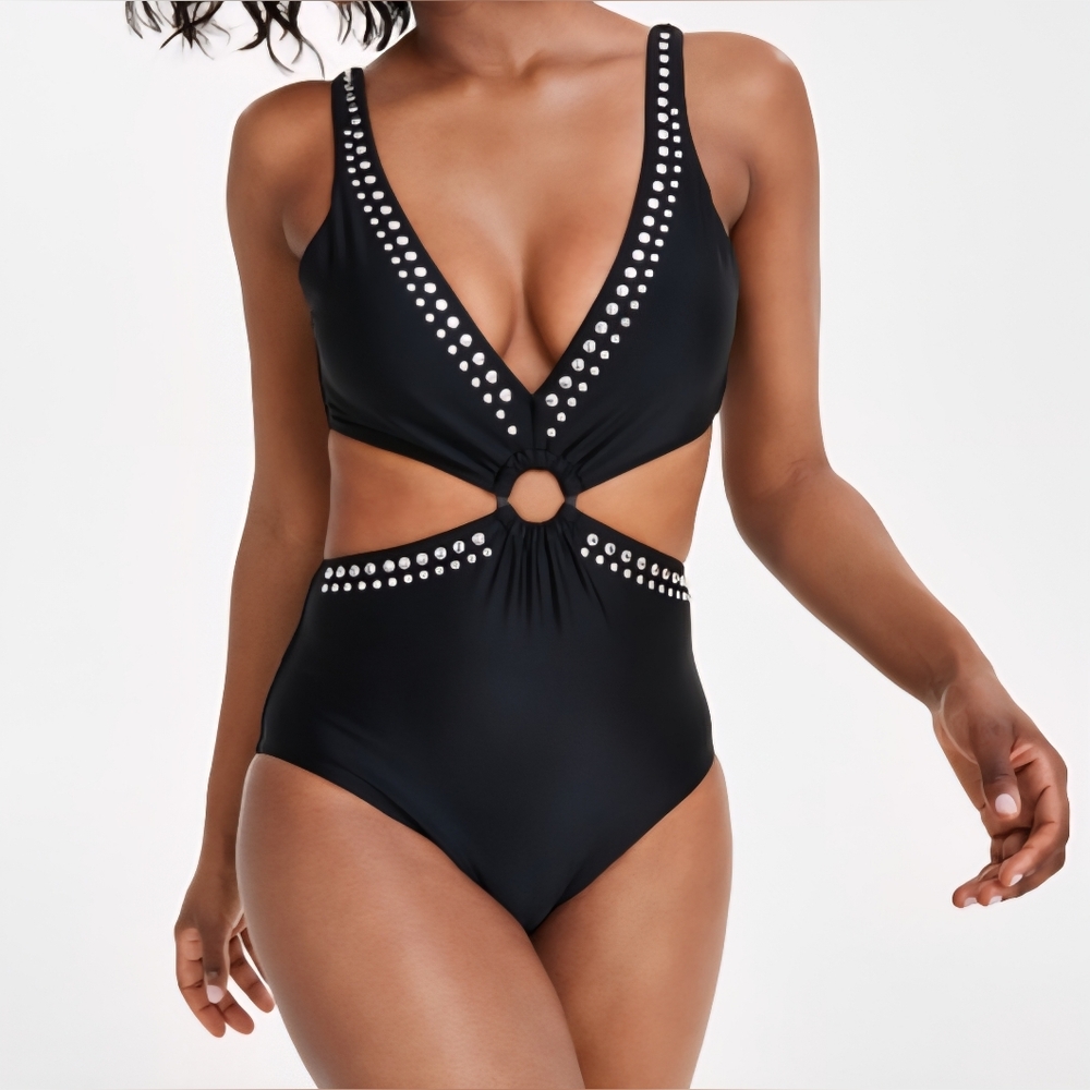 Bar III BLACK/SILVER Tell Me About It Stud One-Piece Swimsuit US X-Small & Small